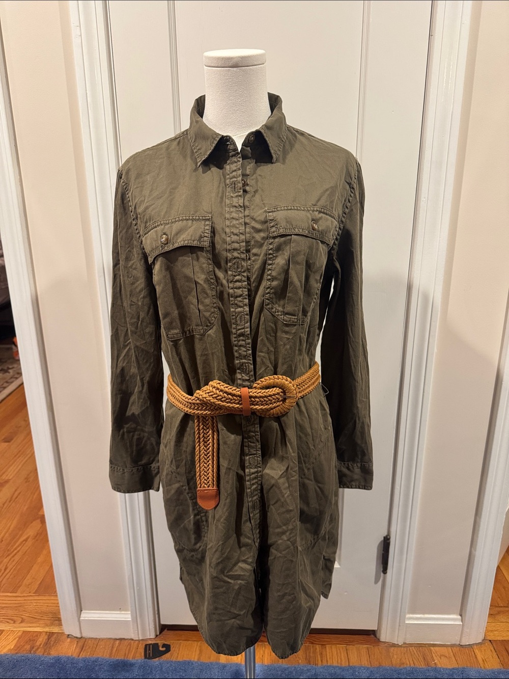 Banana Republic Olive Utility Shirt Dress with Tan Braided Belt